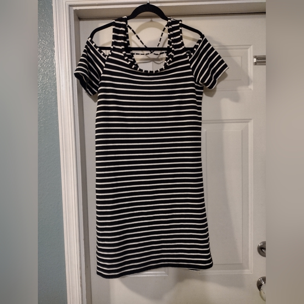 August Silk Black and White Striped Mini Dress